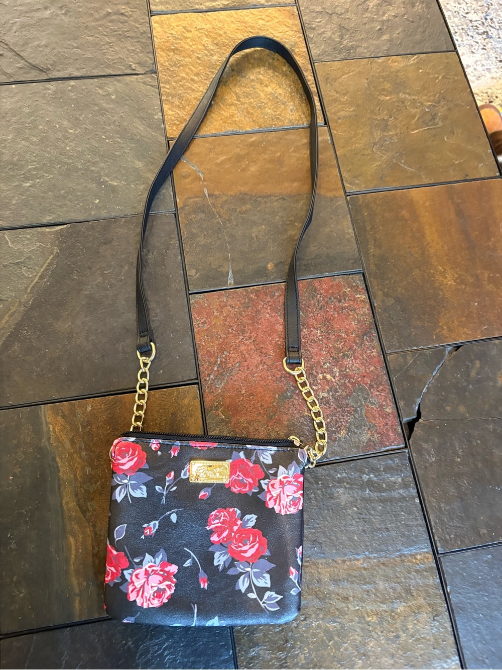 Betsey Johnson Black Crossbody Bag with Red Floral Print and Gold Chain